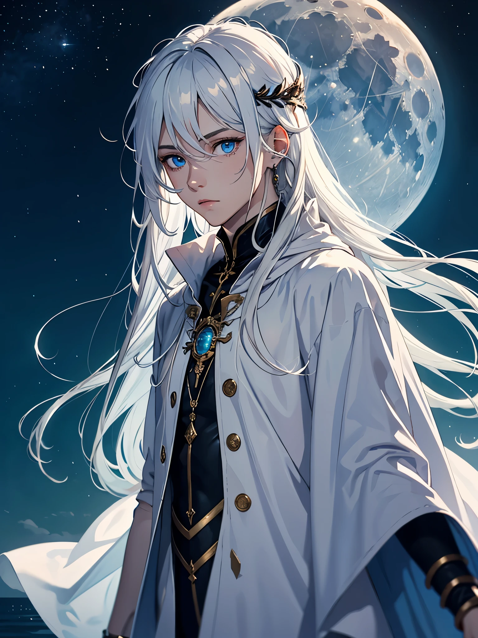 Long hair. long white hair. aquatic, boy, Goddess of the Moon, silver hair accessories, White hair, White dress, cape, at night, saturated colors, light eyes, bright, light blue light, blue eyes, Jewelry silver, bluish light, Full moon in the background, aquatic in der Luft rosa kerzen