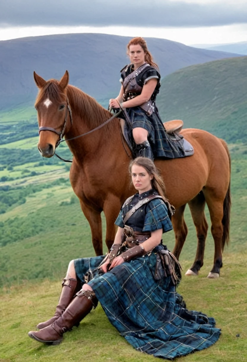 A scottish female warrior sitting beside her horse on top of hill wit beautiful scottish landscape