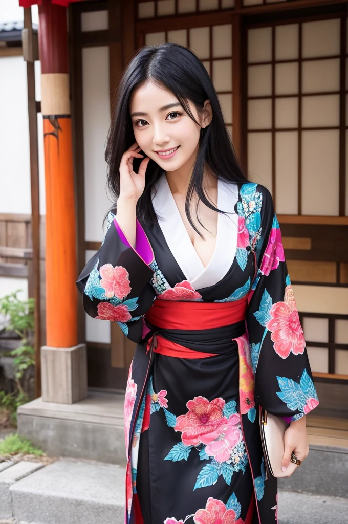 Beautiful Japanese Instagrammer,High Fashion Sense,PHOTO REALISTIC,knee length dress,Colorful casual dress,Long Black Hair,Looking at Camera with Modern Fashion Sense,Smile,Big Breasts,colorful japanese KIMONO