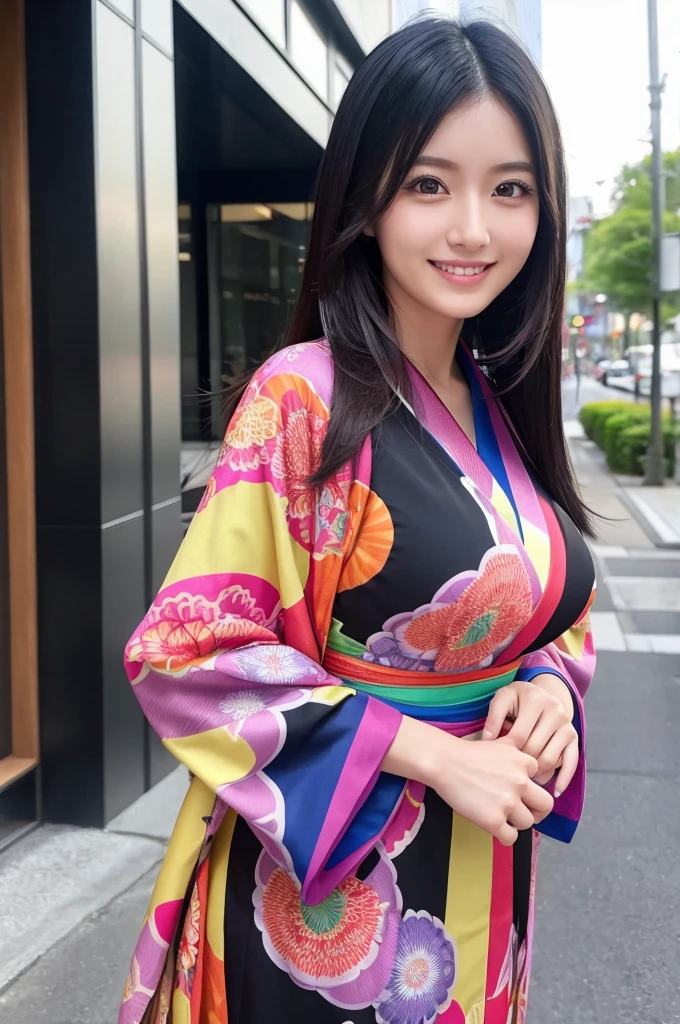 Beautiful Japanese Instagrammer,High Fashion Sense,PHOTO REALISTIC,knee length dress,Colorful casual dress,Long Black Hair,Looking at Camera with Modern Fashion Sense,Smile,Big Breasts,colorful japanese KIMONO