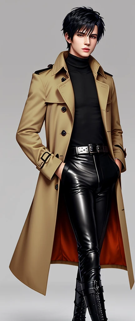 Final Fantasy feel and realistic graphics, Japanese young and cute handsome boy, His age is in his early 20s, Thin eyebrows and beady eyes,  He is wearing a very thick, double-breasted trench coat in orange-beige color., Black neck hair.,The hair on the neck is black, The fur on the neck must be black.,
Please fasten your belt and coat, with epaulettes, The trench coat must be closed,, The trench coat fabric must be in the front, Also、He is wearing a very thick, black, matte turtleneck shirt.,  Tight black leather pants, Shiny black leather and tight、You should wear thin leather handbags on both hands., Black leather knee-high lace-up boots,You have to look at it from head to toe,You need to see the whole body, The boy looks like a fashion model,Do not expose skin below the neck,Leather jacket、Leather Handbags、There are almost no wrinkles in the leather pants.,Boy in the room,,Keep your underwear out of sight,I need to fasten the waist belt of my coat.