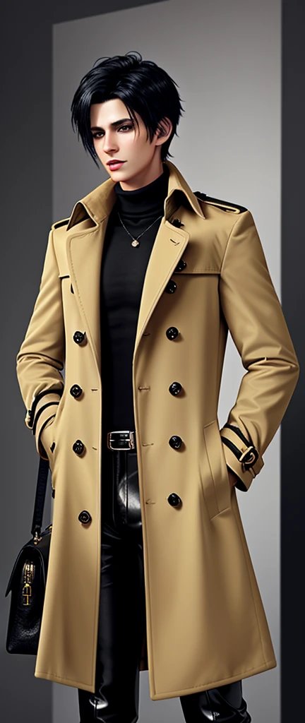 Final Fantasy feel and realistic graphics, Japanese young and cute handsome boy, His age is in his early 20s, Thin eyebrows and beady eyes,  He is wearing a very thick, double-breasted trench coat in orange-beige color., Black neck hair.,The hair on the neck is black, The fur on the neck must be black.,
Please fasten your belt and coat, with epaulettes, The trench coat must be closed,, The trench coat fabric must be in the front, Also、He is wearing a very thick, black, matte turtleneck shirt.,  Tight black leather pants, Shiny black leather and tight、You should wear thin leather handbags on both hands., Black leather knee-high lace-up boots,You have to look at it from head to toe,You need to see the whole body, The boy looks like a fashion model,Do not expose skin below the neck,Leather jacket、Leather Handbags、There are almost no wrinkles in the leather pants.,Boy in the room,,Keep your underwear out of sight,I need to fasten the waist belt of my coat.