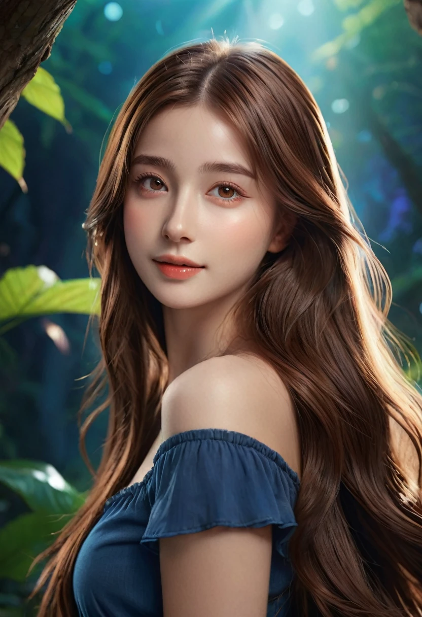 (character,20-year-old girl,adventurous fairy,beautiful,happy,brown hair,long hair),(best quality,4k,8k,highres,masterpiece:1.2),ultra-detailed,(realistic,photorealistic,photo-realistic:1.37),fantasy,portrait,vibrant colors,soft lighting,detailed face,detailed eyes,detailed lips,detailed skin,detailed clothes,detailed accessories,detailed background,cinematic,dramatic lighting,magical,whimsical