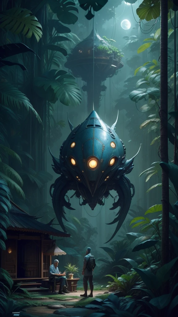 "An alien guest meets an old Malay man, in the Malay village. spaceship as a background in the night" in a jungle environment, Highly detailed, Extremely detailed, delicate detail, crisp quality, ultra realistis, A hyper-realistic, surrealism, Dark art, Cinematic, thousand. sharp-focus, Smoke, ArtStation Hyperrealism Painting Concept Art Detailed Character Design