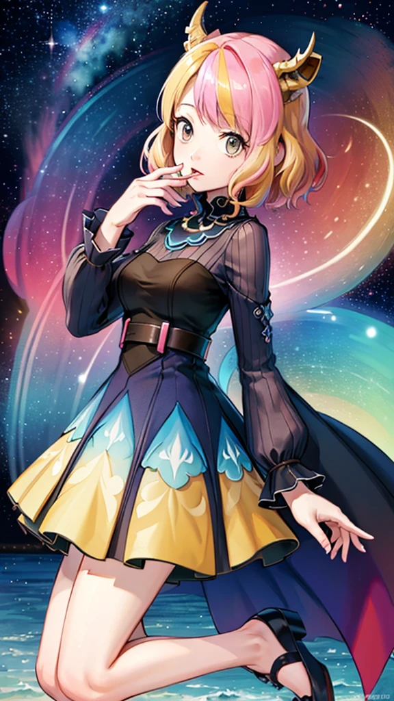 (masterpiece, best quality,watercolor (medium),official art, beautiful and aesthetic:1.2)
Break
(1girl:1.3), (fractal art:1.3), full body, from side, looking at viewer, patterns,(short hair, rainbow color Hair,colorful hair,half brown and half pink hair:1.2),1horn on forehead, Unicorn single horn,summoer costume, 
Break
water, liquid, cloud, colorful, starry, stars, sexy pose