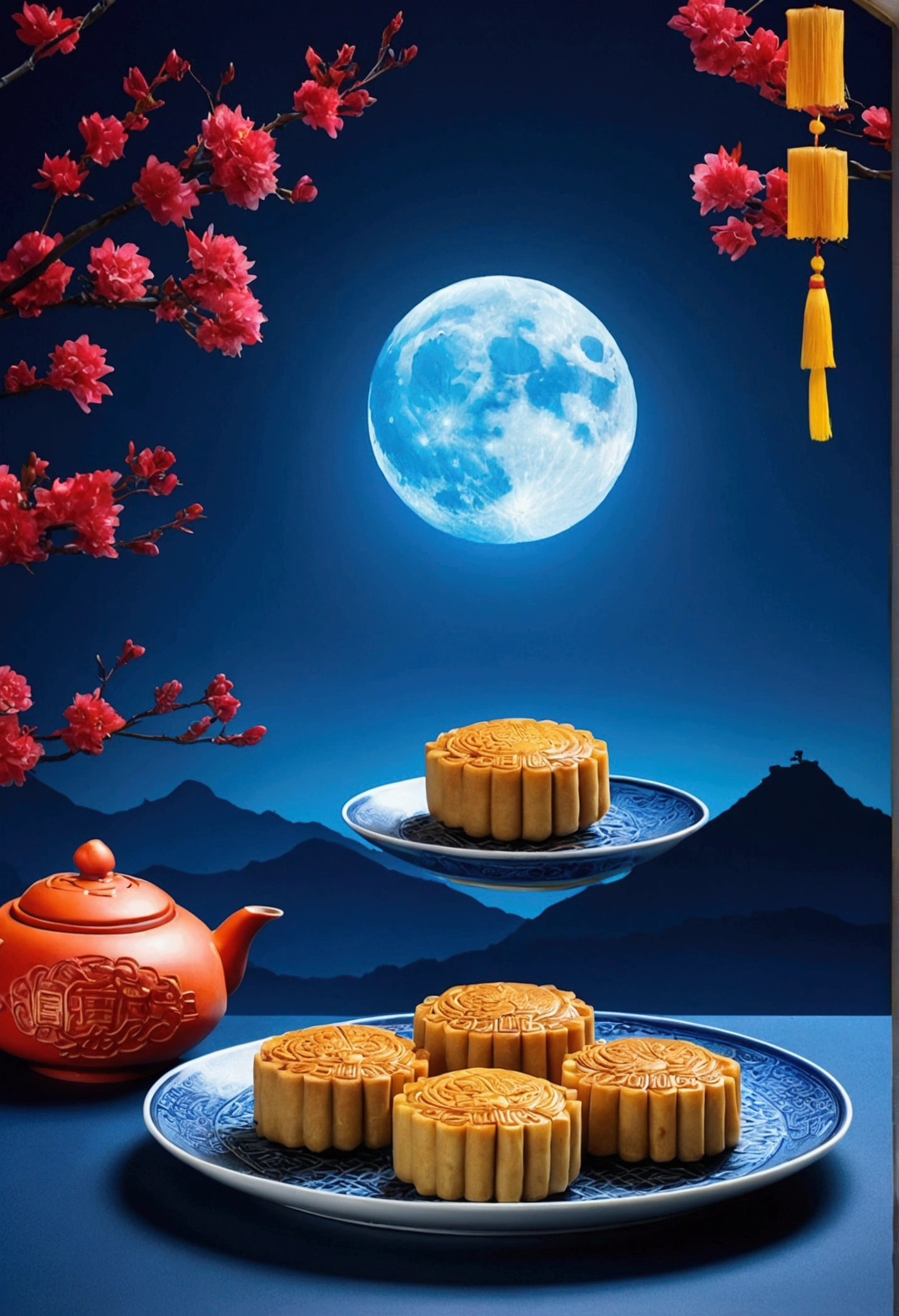 Mid-Autumn Festival,delicacies{{Moon cake}},Tea,Full moon in the distance,Background of blue gradient,Anatomically correct,High quality, Best quality, A high resolution, chinese background