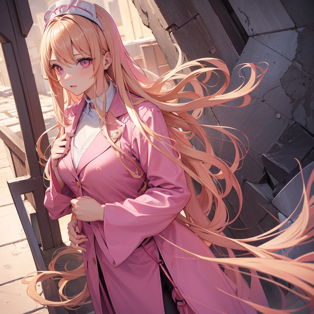 (((Adult woman))), pink eyes, (long blonde hair), pink suit