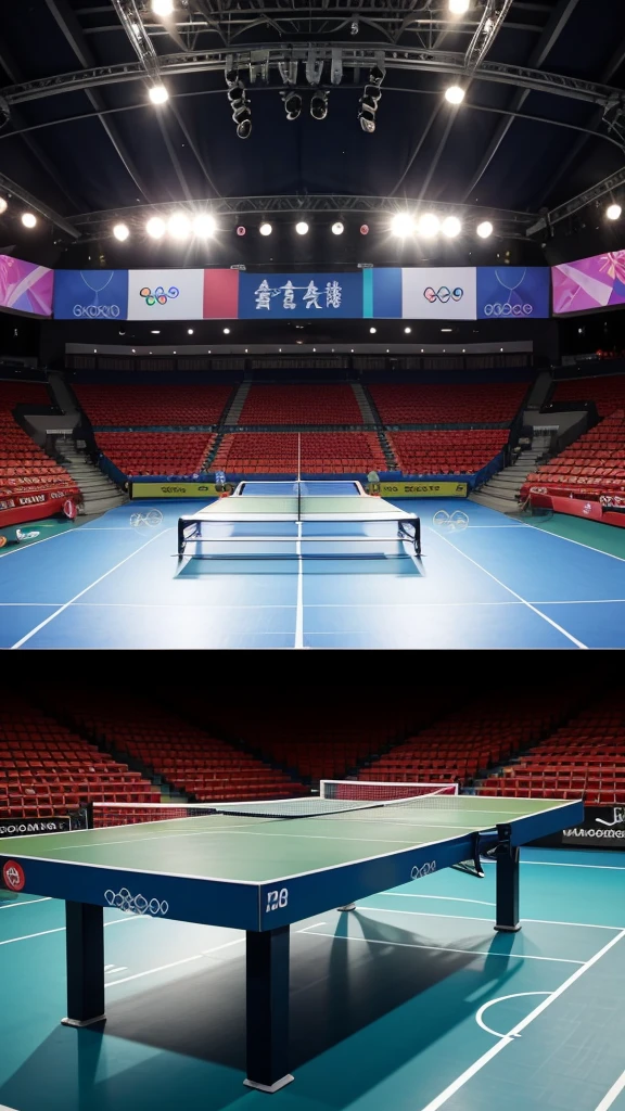 A table tennis match is taking place on the Olympic stage, with fierce competition unfolding.