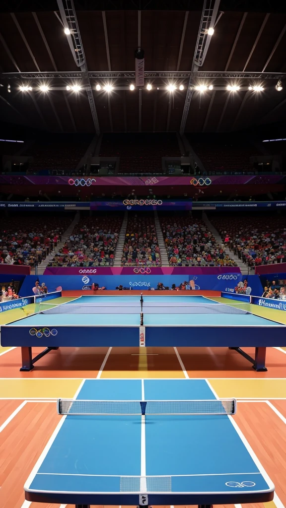A table tennis match is taking place on the Olympic stage, with fierce competition unfolding.
