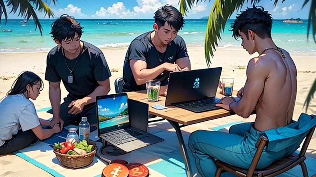 Cryptocurrency Meet Up on the Beach in Thailand, people of different ages with computers loving crypto and blockchain
