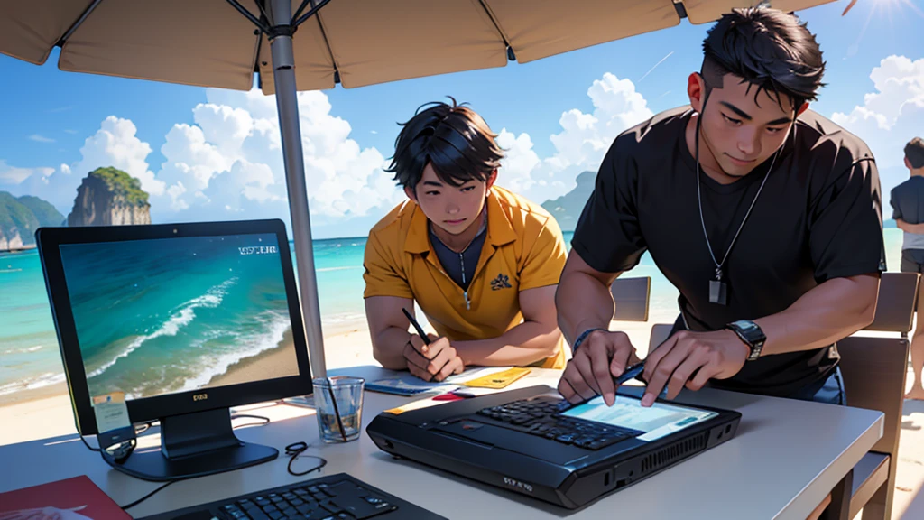 Cryptocurrency and Bitcoin Meet Up on the Beach in Thailand, people of different ages with computers loving crypto and blockchain
