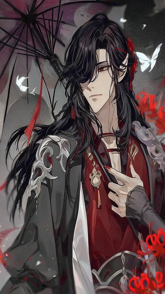 Hua Cheng adulto, he holds a rose in his hand