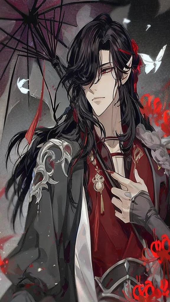 Hua Cheng adulto, he holds a rose in his hand