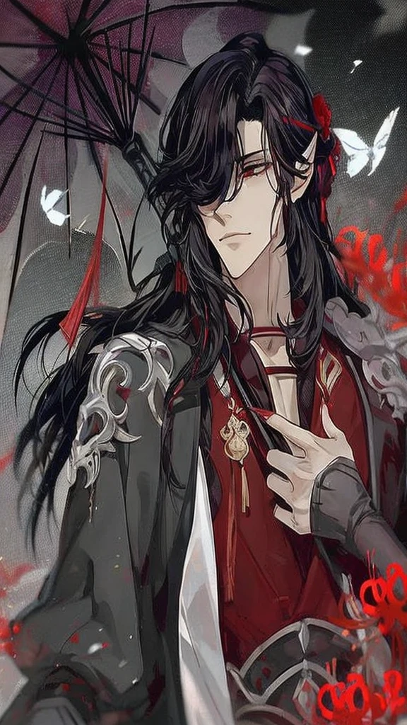 Hua Cheng adulto, he holds a rose in his hand