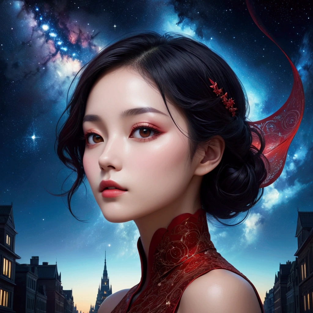 night, Attractive woman face fading away, 创造出mystery的液体阴影漩涡. Abstract liquid aesthetics, Its delicate features are distorted but still fascinating.,  Starry Sky，fantasy，magic，mystery，illusory，Dreamy，Inverted red symmetrical city silhouette in the sky, Dramatic lighting，high quality，Octane Rendering，Concept map of the scene,