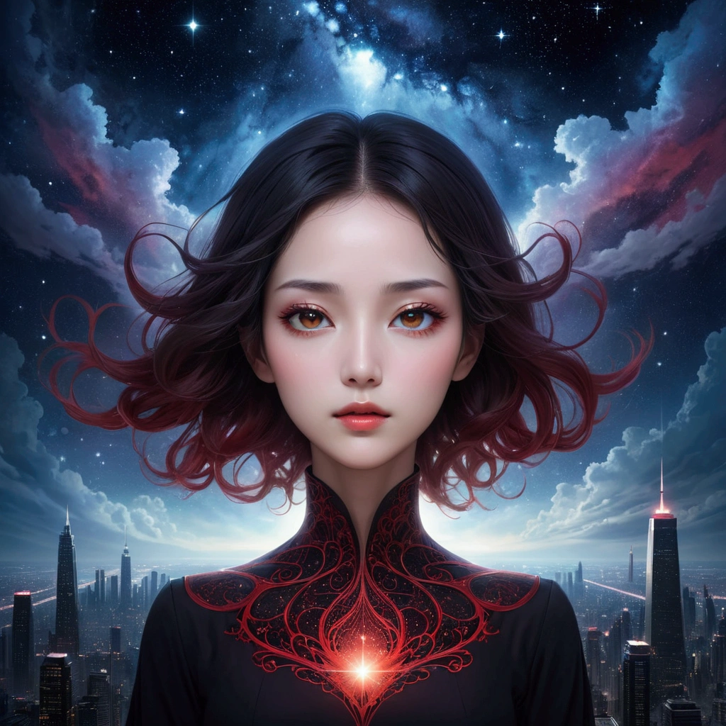 night, Attractive woman face fading away, 创造出mystery的液体阴影漩涡. Abstract liquid aesthetics, Its delicate features are distorted but still fascinating.,  Starry Sky，fantasy，magic，mystery，illusory，Dreamy，Inverted red symmetrical city silhouette in the sky, Dramatic lighting，high quality，Octane Rendering，Concept map of the scene,