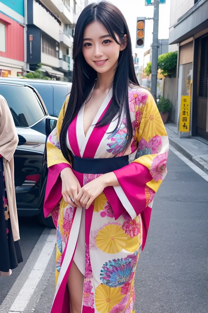 Beautiful Japanese Instagrammer,High Fashion Sense,PHOTO REALISTIC,knee length dress,Colorful casual dress,Long Black Hair,Looking at Camera with Modern Fashion Sense,Smile,Big Breasts,colorful japanese KIMONO