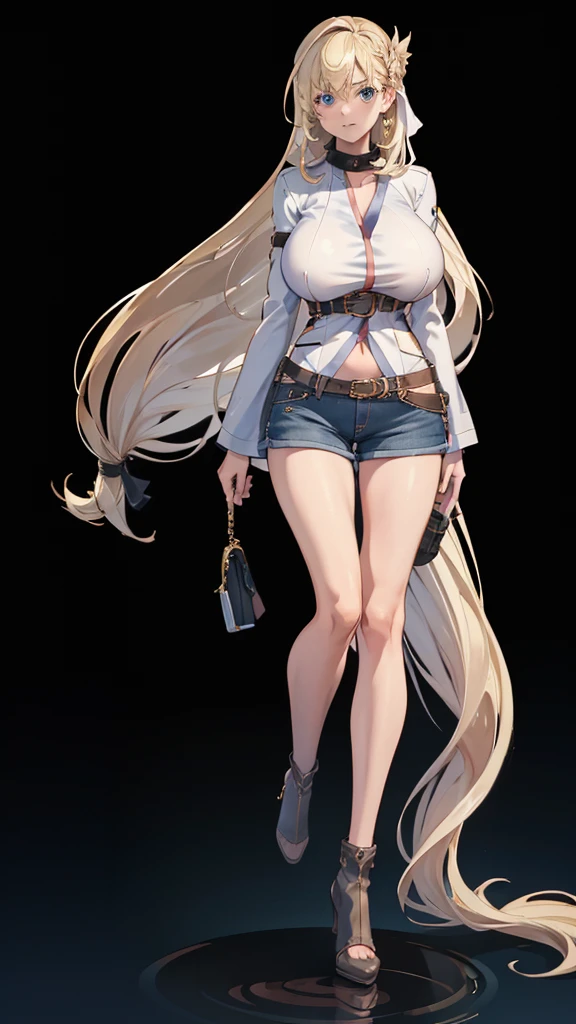  adult women, highres, 1girl, solo, gentle smile, seductive look, mature looking, adult looking, (((massive gigantic boobs))), (((insanely long straight hair))), (((insanely long hair))), (((hair touches ground))), being seductive, (((seductive pose))), heels, ((tease veiwers)), full veiw, tee shirt, jean shorts, (((full body shot))), earrings, ((best quality)), ((masterpiece)), (detailed), ultra detailed, 