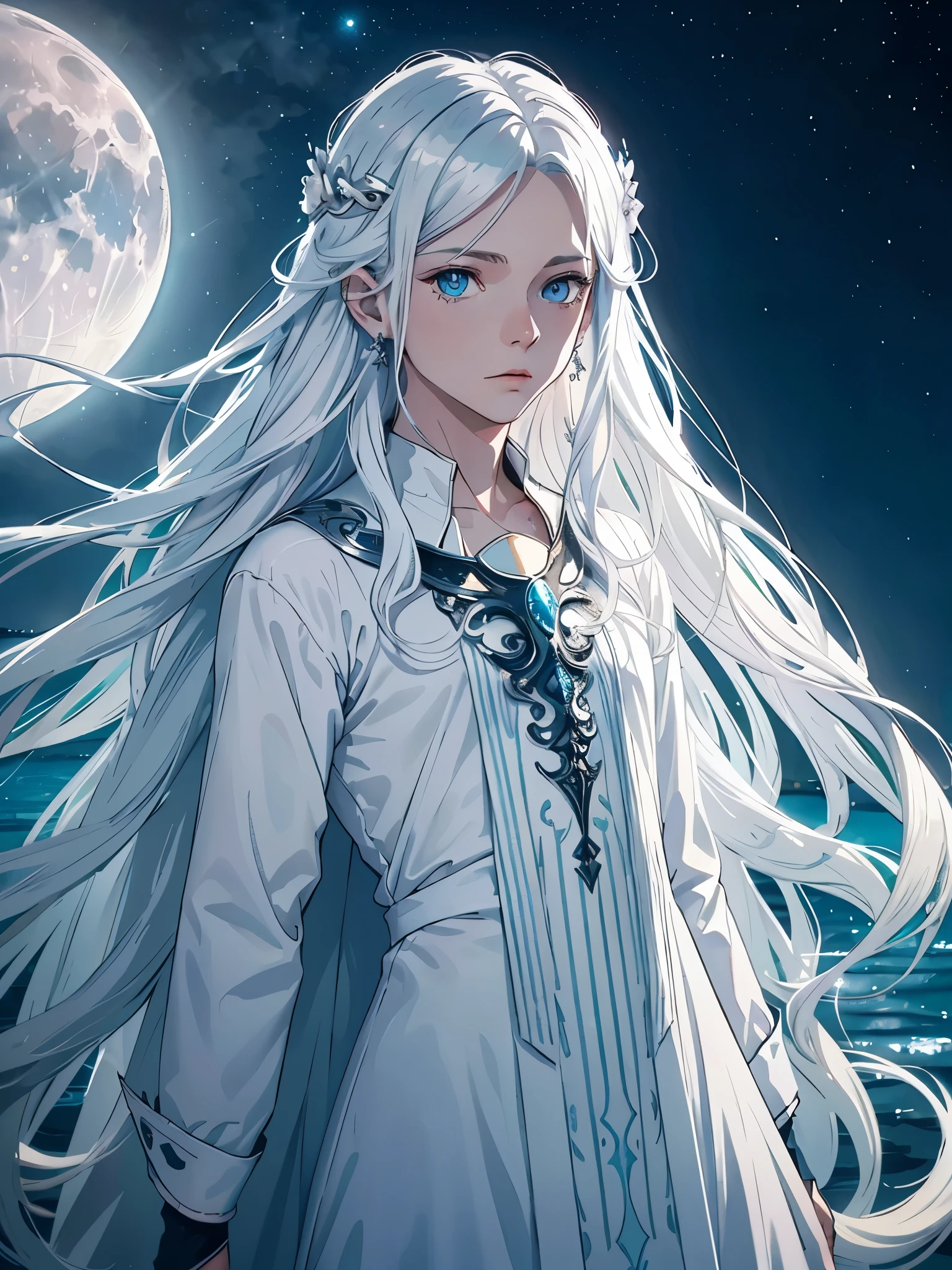 Boy. Mann. Flach. Long hair. long white hair. aquatic, boy, Goddess of the Moon, silver hair accessories, White hair, White dress, cape, at night, saturated colors, light eyes, bright, light blue light, blue eyes, Jewelry silver, bluish light, Full moon in the background, aquatic in der Luft rosa kerzen