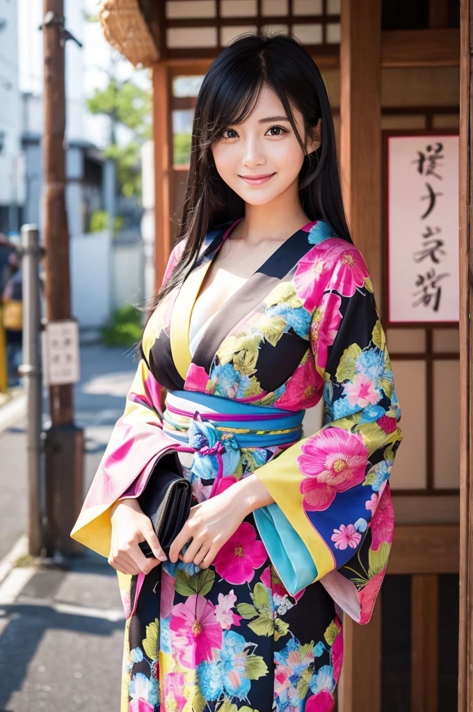 Beautiful Japanese Instagrammer,High Fashion Sense,PHOTO REALISTIC,knee length dress,Colorful casual dress,Long Black Hair,Looking at Camera with Modern Fashion Sense,Smile,Big Breasts,colorful japanese KIMONO