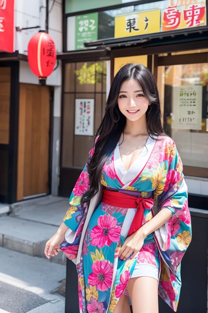 Beautiful Japanese Instagrammer,High Fashion Sense,PHOTO REALISTIC,knee length dress,Colorful casual dress,Long Black Hair,Looking at Camera with Modern Fashion Sense,Smile,Big Breasts,colorful japanese KIMONO