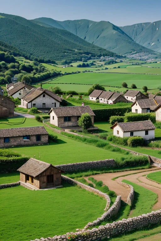 A serene village landscape with traditional houses and green fields