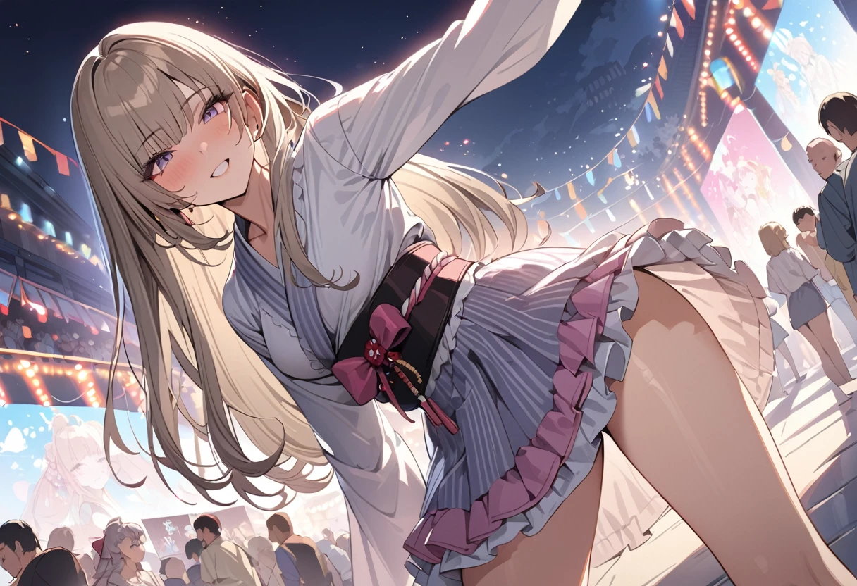 one beautifu girl,long straight gold ash hair,wearing Japanese yukata,She is dancing Bon dance at the festival venue,(masterpiece), (best quality), (ultra-detailed), (illustration), (detailed light),(an extremely delicate and beautiful)