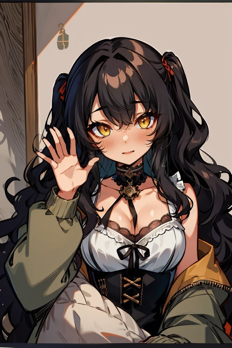 (masterpiece:1.2), (high quality:1.2), (hui xiyi:0.7), rekkyo sensen, rekkyou sensen, girls with((1girl, solo, black hair, yellow eyes, (wavy long hair, one side up:1.54), blush, breasts, choker, cleavage, coat, cowboy shot, dress, lace dress, black waist tie, red bow, red ribbon, neck ribbon, blouse shirt, frills blouse, fur, khaki jacket, hood down, hooded coat, hooded jacket, hoodie, jacket, large breasts, long hair, long sleeves, medium breasts, open clothes, open coat,open hoodie, sleeveless, winter clothes, zipper, cleavage, upper body, hand up, waving, palm)), background with((bedding, futon, jail, prison:1.45))