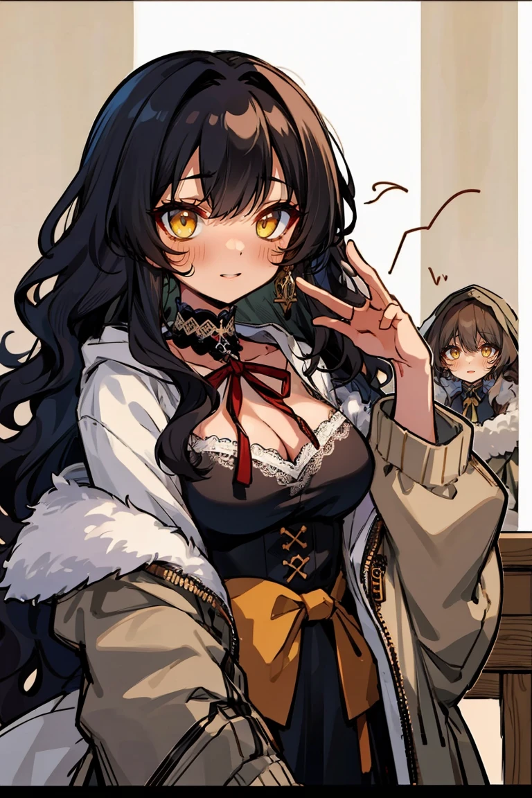 (masterpiece:1.2), (high quality:1.2), (hui xiyi:0.7), rekkyo sensen, rekkyou sensen, girls with((1girl, solo, black hair, yellow eyes, (wavy long hair, one side up:1.54), blush, breasts, choker, cleavage, coat, cowboy shot, dress, lace dress, black waist tie, red bow, red ribbon, neck ribbon, blouse shirt, frills blouse, fur, khaki jacket, hood down, hooded coat, hooded jacket, hoodie, jacket, large breasts, long hair, long sleeves, medium breasts, open clothes, open coat,open hoodie, sleeveless, winter clothes, zipper, cleavage, upper body, hand up, waving, palm)), background with((bedding, futon, jail, prison:1.45))