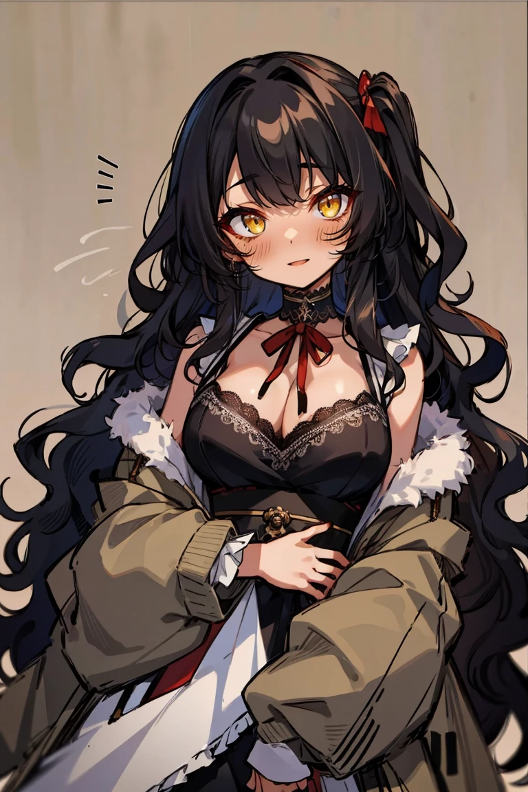 (masterpiece:1.2), (high quality:1.2), (hui xiyi:0.7), rekkyo sensen, rekkyou sensen, girls with((1girl, solo, black hair, yellow eyes, (wavy long hair, one side up:1.54), blush, breasts, choker, cleavage, coat, cowboy shot, dress, lace dress, black waist tie, red bow, red ribbon, neck ribbon, blouse shirt, frills blouse, fur, khaki jacket, hood down, hooded coat, hooded jacket, hoodie, jacket, large breasts, long hair, long sleeves, medium breasts, open clothes, open coat,open hoodie, sleeveless, winter clothes, zipper, cleavage, upper body, hand up, waving, palm)), background with((bedding, futon, jail, prison:1.45))