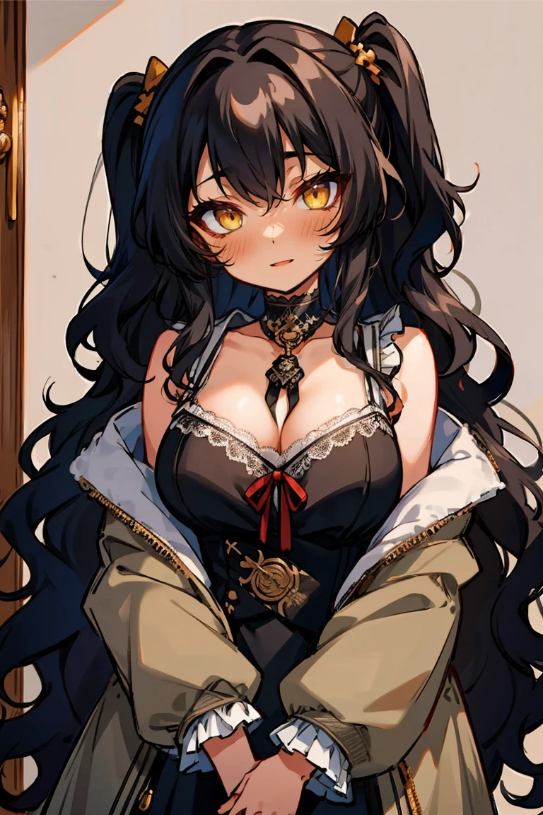 (masterpiece:1.2), (high quality:1.2), (hui xiyi:0.7), rekkyo sensen, rekkyou sensen, girls with((1girl, solo, black hair, yellow eyes, (wavy long hair, one side up:1.54), blush, breasts, choker, cleavage, coat, cowboy shot, dress, lace dress, black waist tie, red bow, red ribbon, neck ribbon, blouse shirt, frills blouse, fur, khaki jacket, hood down, hooded coat, hooded jacket, hoodie, jacket, large breasts, long hair, long sleeves, medium breasts, open clothes, open coat,open hoodie, sleeveless, winter clothes, zipper, cleavage, upper body, hand up, waving, palm)), background with((bedding, futon, jail, prison:1.45))