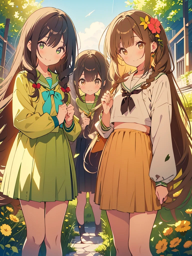 kawaii, anime, Cute, hyper quality, highly detailed, 16k, Front facing, Clarity, girl, brown long hair, green eyes, smile, two girls, Both girls have long dark brown hair., golden eyes, green kiwi, golden kiwi, pale colors, Fluffy feeling, light atmosphere, dazzling light, highlight on eyes, smiling, wink, Dark brown twintails and long dark brown hair, , whole body, fold one's hands, A good friend, close one eye, angel feather hairpin, kiwi hairpin, private clothes, skirt, spring, Not three people, Two persons, after the rain, blue sky, flower town, wet from the rain, 	