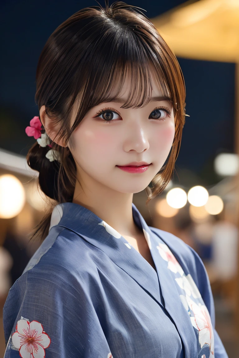 Highest quality、（beautiful）、Super delicate eyes、Fine skin、Brown eyes、23-year-old female、Brown Hair、looking at the camera、Hair tied up on top of the head、Gal、yukata、night、festival、stall