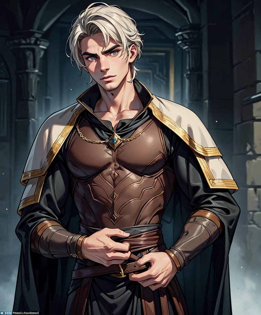 (((Single character image.))) (((1boy))) (((Dressed in medieval fantasy attire.)))  (((Generate a darkly handsome male character for a fantasy setting.))) (((Appears to be 20 years old with youthful looks.))) (((Looks like the ideal vision of a sexy, handsome rugged male.))) Design a handsome, attractive male adventurer for a fantasy setting.  He has strong features and shoulder length blond hair. (((The background to the image is dark and eerie..)))  (((Looks like Jon Kortajarena.))) best quality:1.0,hyperealistic:1.0,photorealistic:1.0,madly detailed CG unity 8k wallpaper:1.0,masterpiece:1.3,madly detailed photo:1.2, hyper-realistic lifelike texture:1.4, picture-perfect:1.0,8k, HQ,best quality:1.0, 