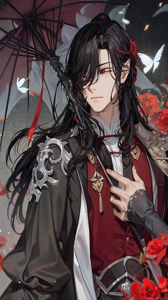 Hua Cheng adulto, he holds a rose in his hand