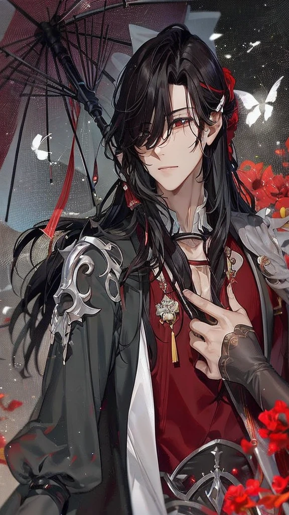 Hua Cheng adulto, he holds a rose in his hand