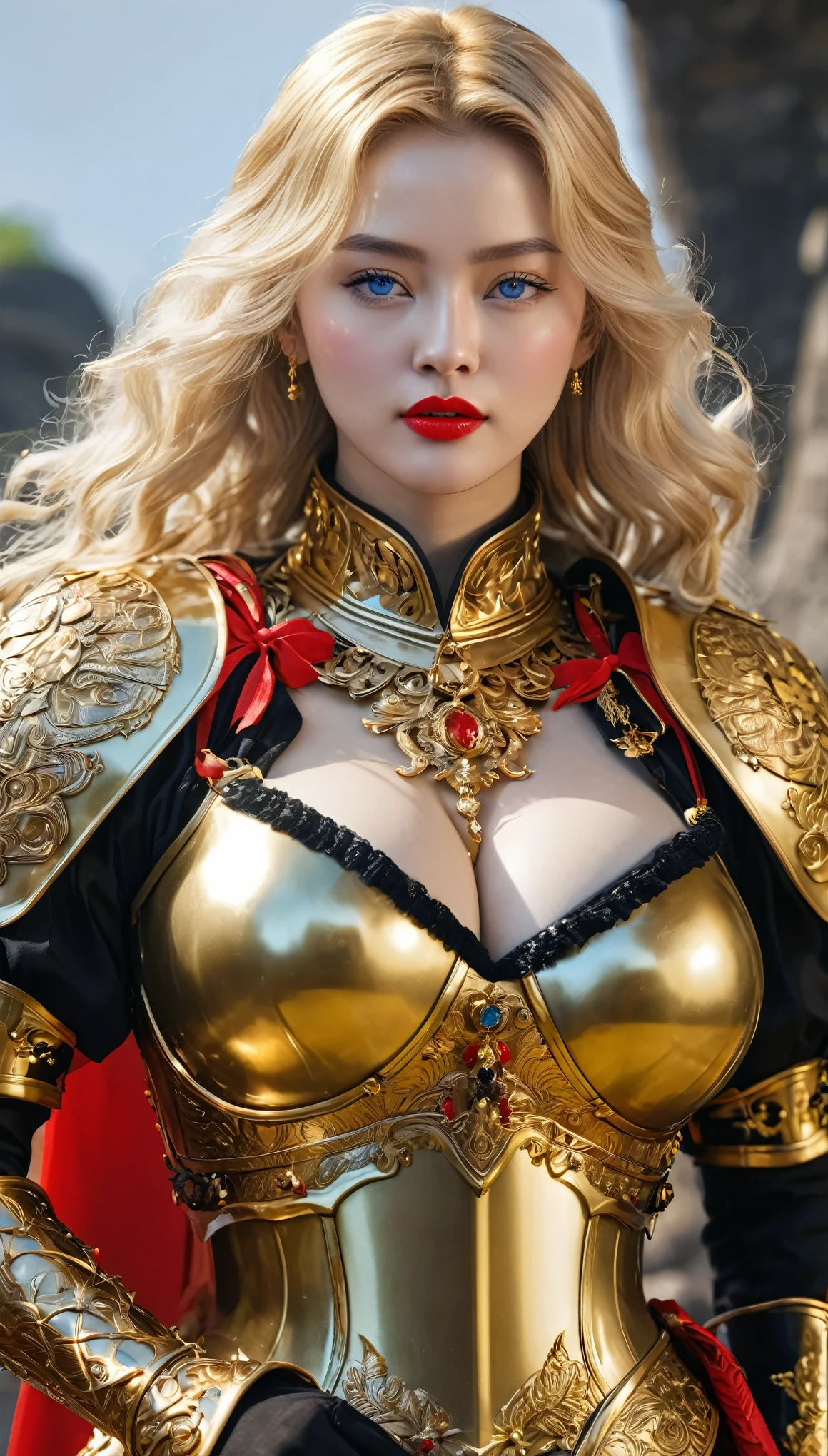 masterpiece,Highest quality,wonderful,(womanの騎士_woman:1),(Golden Armor:1.3), (35歳のwoman騎士:1.3),、Big and ample breasts,,Hyper Real,中世ヨーロッパの都市のbattlefieldにいる,Expressionless,、イギリス人woman、Delicate skin texture to the smallest detail 、(Detailed blue eyes)、(Chubby body type))、(Very large breasts)、中年woman、(ふわふわblondeの長い髪)、Sunburned skin、(blonde)、(((Very large breasts)))、woman騎士、(((Big cleavage)))、Richly decorated gold armor、Medieval witch、Golden long boots with flashy decorations、Deep neckline、Pure gold and jewellery necklaces and collars、Big gold earrings、Bright red lips、Dressed in luxurious gold armor、Gold Long Gloves、She has a big long sword、The sword is ornately decorated..........................、The blade is pitch black、(woman騎士)、(battlefield)、