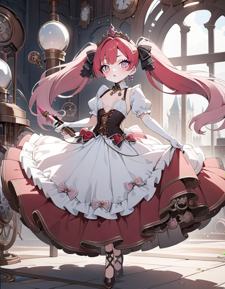 (best quality,4k,8k,highres,masterpiece:1.2),ultra-detailed, Pretty 15 years old princess, drawn in anime style, is cute and joyful, long red pigtails hair, pink eyes, small breast, lipstick, makeup, pink eyeshadow, steampunk, red and white ball gown with puffy sleeves, physically-based rendering,gorgeous dress design,flowing gown,elaborate lace details,rich textures,contrast stitching,delicate ribbon bows,floral accents,long maxi skirt,short sleeves,fitted waistline,lace-up back,luxurious fabrics,flawless silhouette, petticoat, bustle, corset, hair ribbons, white elbow gloves, ruby earrings and necklace, gold tiara, high heels, holding a fire magic wand, standing in castle bedroom,
