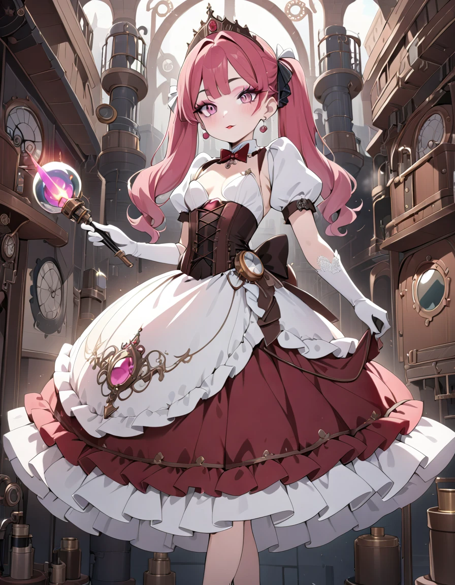 (best quality,4k,8k,highres,masterpiece:1.2),ultra-detailed, Pretty princess, drawn in anime style, is cute and joyful, long red pigtails hair, pink eyes, small breast, lipstick, makeup, pink eyeshadow, steampunk, red and white ball gown with puffy sleeves, physically-based rendering,gorgeous dress design,flowing gown,elaborate lace details,rich textures,contrast stitching,delicate ribbon bows,floral accents,long maxi skirt,short sleeves,fitted waistline,lace-up back,luxurious fabrics,flawless silhouette, petticoat, bustle, corset, hair ribbons, white elbow gloves, ruby earrings and necklace, gold tiara, high heels, holding a fire magic wand, standing in castle bedroom,