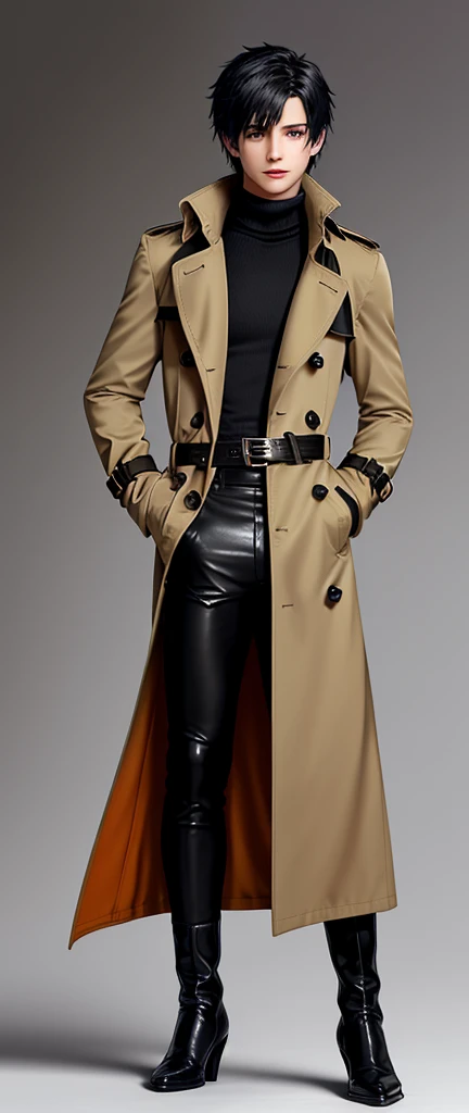 Final fantasy taste and reality graphics, Japanese young cute and cool ikemen boy, his age is early 20s, thin eyebrows and beady eyes, he wearing orange beige color double brest very thick trench coat, with a black color neck fur.,neck fur is black color, must black neck fur,
Must tighten your belt of coat, with epaulet, must close the front of the trench coat,, must trench coat cloth the front, also wearing black very thick turtleneck lackluster shirts, tight black leather pants, shiny black leather tight and must put on a thin leather glove both hands, black leather knee-high raceup boots,must views head-to-toe,must views whole body, boy looks like fashion model,Do not show skin from the neck down,leather jacket leather glove and leather pants have few wrinkles,boy in the room,,Avoid showing your innerwear,must close trench coats waist belt.