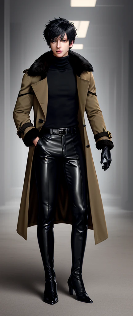 Final fantasy taste and reality graphics, Japanese young cute and cool ikemen  boy, his age is early 20s, thin eyebrows and beady eyes,  he wearing orange beige color double brest very thick trench coat, with a black color neck fur.,neck fur is black color, must black neck fur,
Must tighten your belt of coat, with epaulet, must close the front of the trench coat,, must trench coat cloth the front, also wearing black very thick turtleneck lackluster shirts,  tight black leather pants, shiny black leather tight and must put on a thin leather glove both hands, black leather knee-high raceup boots,must views  head-to-toe,must views whole body, boy looks like fashion model,Do not show skin from the neck down,leather jacket leather glove and leather pants have few wrinkles,boy in the room,,Avoid showing your innerwear,must close trench coats waist belt.