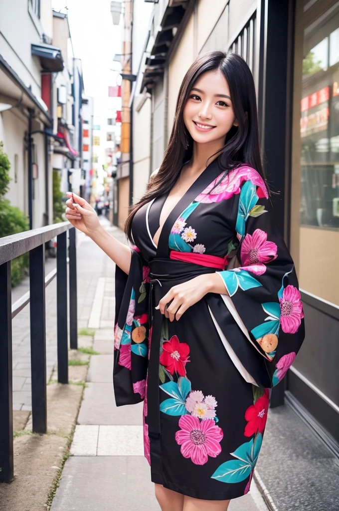 Beautiful Japanese Instagrammer,High Fashion Sense,PHOTO REALISTIC,knee length dress,Colorful casual dress,Long Black Hair,Looking at Camera with Modern Fashion Sense,Smile,Big Breasts,colorful japanese KIMONO