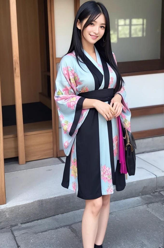 Beautiful Japanese Instagrammer,High Fashion Sense,PHOTO REALISTIC,knee length dress,Colorful casual dress,Long Black Hair,Looking at Camera with Modern Fashion Sense,Smile,Big Breasts,colorful japanese KIMONO