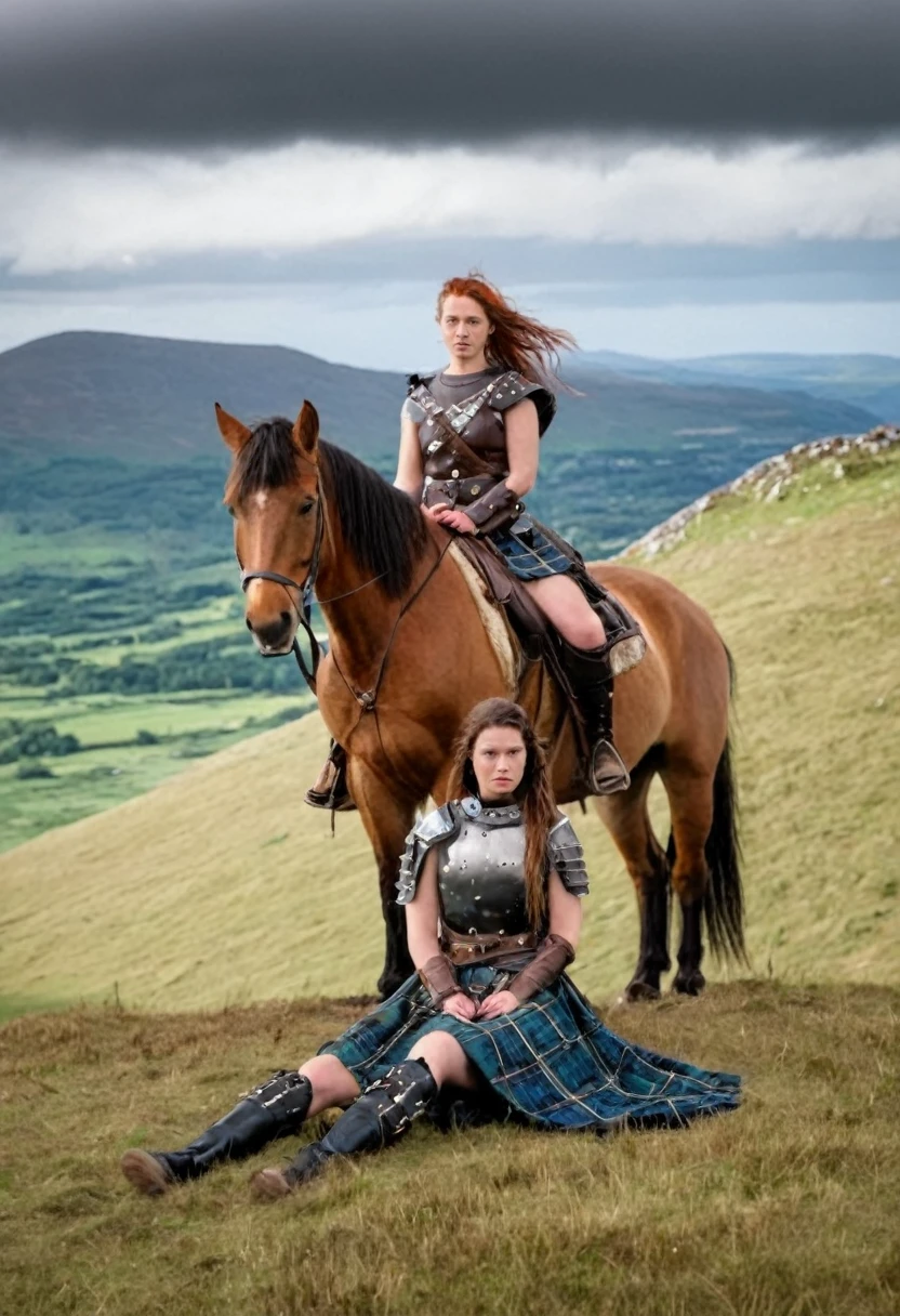 A scottish female warrior sitting beside her horse on top of hill wit beautiful scottish landscape