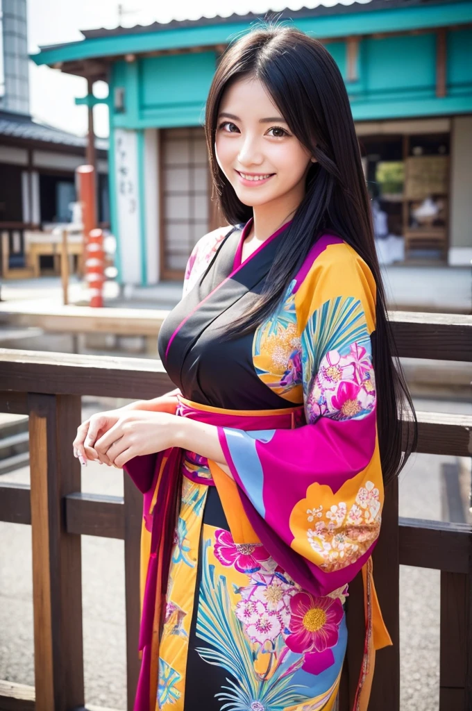 Beautiful Japanese Instagrammer,High Fashion Sense,PHOTO REALISTIC,knee length dress,Colorful casual dress,Long Black Hair,Looking at Camera with Modern Fashion Sense,Smile,Big Breasts,colorful japanese KIMONO