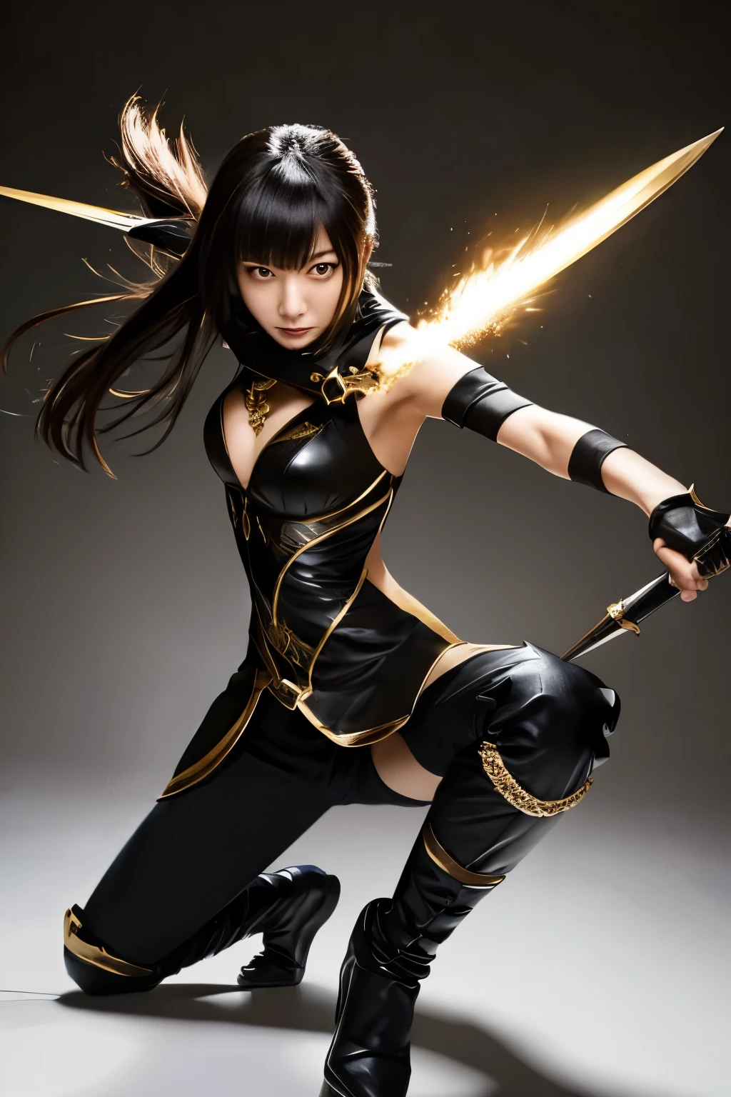 Masterpiece, a high-quality, hyper-realistic photo of a skinny Japanese woman in a dynamic combat pose. She has long, black hair with bangs, styled in a way that flows with her movement. She is wearing a sleek, black dress that allows for flexibility and movement. Her outfit includes black gloves and thigh-high boots with intricate cutout patterns. She is wielding a thin, gold-colored straight dagger in each hand, poised for action. The expression on her face is intense and focused. The background should be plain white to keep the focus on the character. Detailed face, detailed eyes and an anatomically correct body structure.