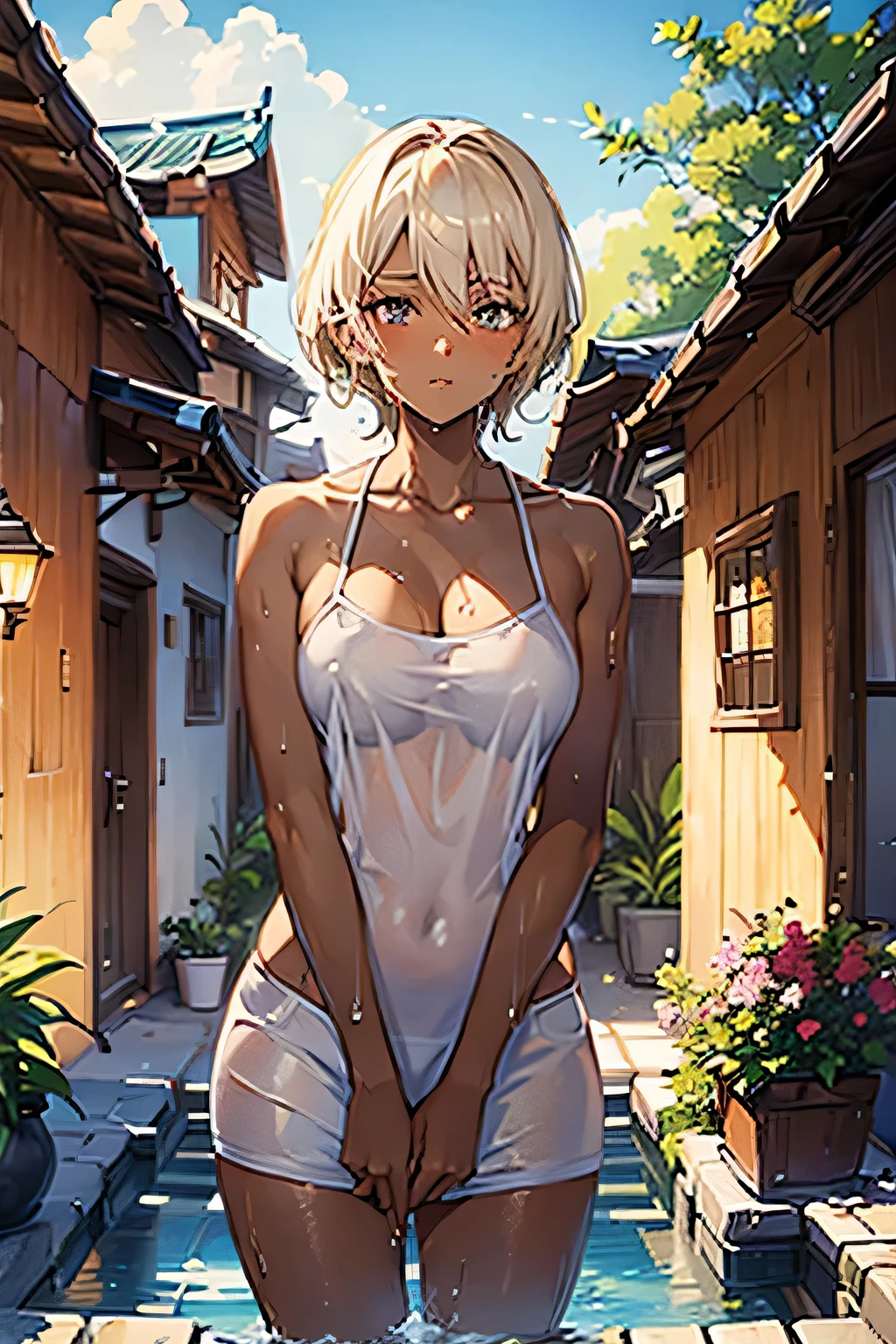 Highest quality,20-year-old,Cowboy Shot,Are standing,short hair,((Soaking wet:1.4)),((Platinum Blonde)),((Puzzled:1.5)),((Embarrassing:1.1)),((Blush 1.5)),(Soaking wetの白いフリル付きブラウス),Anatomically correct hands,(No bra),((Brown Skin:1.5)). The background is the entrance to the house.,afternoon.