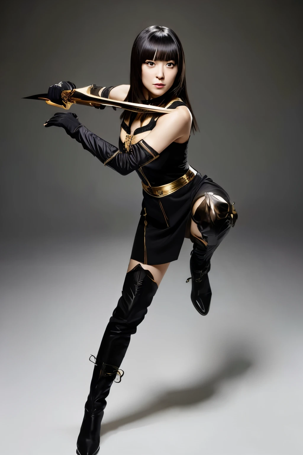 Masterpiece, a high-quality, hyper-realistic photo of a skinny Japanese woman in a dynamic combat pose. She has long, black hair with bangs, styled in a way that flows with her movement. She is wearing a sleek, black dress that allows for flexibility and movement. Her outfit includes black gloves and thigh-high boots with intricate cutout patterns. She is wielding a thin, gold-colored straight dagger in each hand, poised for action. The expression on her face is intense and focused. The background should be plain white to keep the focus on the character. Detailed face, detailed eyes and an anatomically correct body structure.