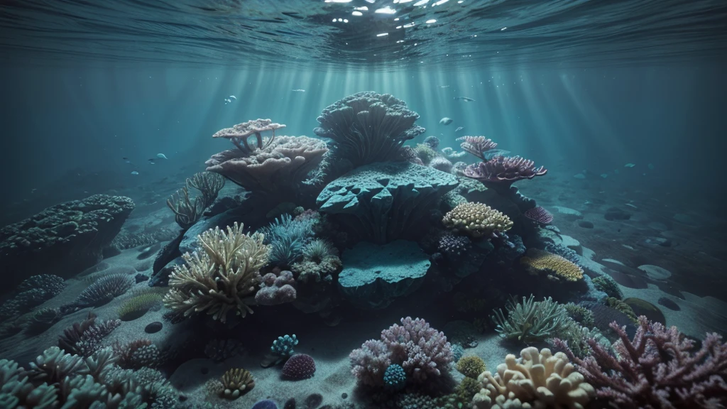 ((top-notch quality)), ((masterwork)), ((true-to-life)), ocean floor, underwater scene, deep sea, filtered sunlight, photorealistic, digital artwork, nature, blue, turquoise, muted tones, high-quality, ultra-realistic rendering, 8K resolution, at eye level, picturesque, masterwork