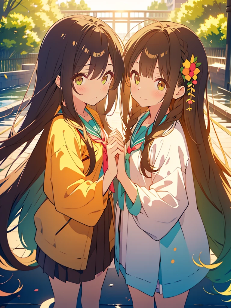 kawaii, anime, Cute, hyper quality, highly detailed, 16k, Front facing, Clarity, girl, brown long hair, green eyes, smile, two girls, Both girls have long dark brown hair., golden eyes, green kiwi, golden kiwi, pale colors, Fluffy feeling, light atmosphere, dazzling light, highlight on eyes, smiling, wink, Dark brown twintails and long dark brown hair, , whole body, fold one's hands, A good friend, close one eye, angel feather hairpin, kiwi hairpin, private clothes, skirt, spring, Not three people, Two persons, after the rain, blue sky, flower path, wet from the rain, 	